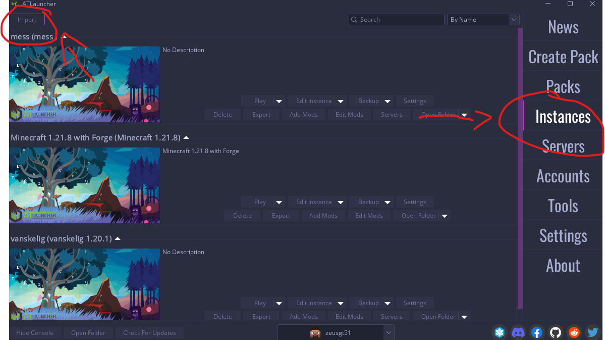 go to the instance tab, then import the modpack.